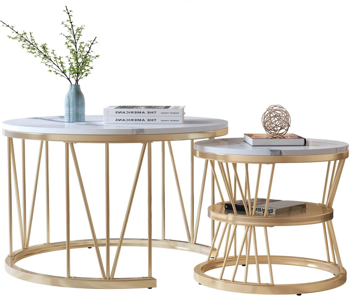 Novendo Goods Luxe Set van 2 Ronde Salontafels met Marmeren Blad en Gouden Metalen Frame