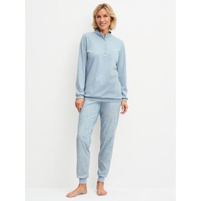Schlafanzug CALIDA "Midnight Dreams", Damen, Gr. L (48/50), blau (dusty grau), Interlock, Obermaterial: 100% Baumwolle, bequem lang, Serafino, angesetztes Bündchen, Homewear-Sets Schlafanzug, Serafino Kragen mit Knopfleiste