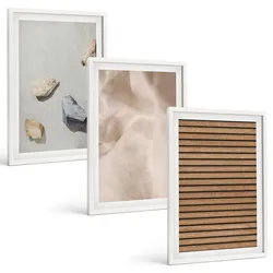 BILDER SET 3er Set - 40x60 cm Weißer Rahmen - Steine, Holz, Stofftexturen