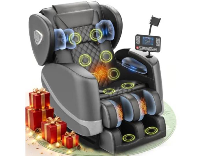 Massagesessel, Ganzkörper-Massagesessel mit Zero-Gravity, 14 Rollen und 8 Komfort-Airbags, Mit Heizfunktion für Taille und Beine Fußmassage, Bluetooth-Player und 2-in-1 Touchscreen (Dunkelgrau)