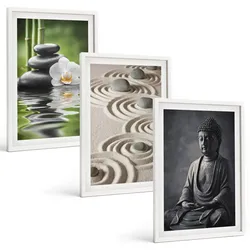 BILDER SET 3er Set - 40x60 cm Weißer Rahmen - Entspannender Blick auf den Zen-Buddha