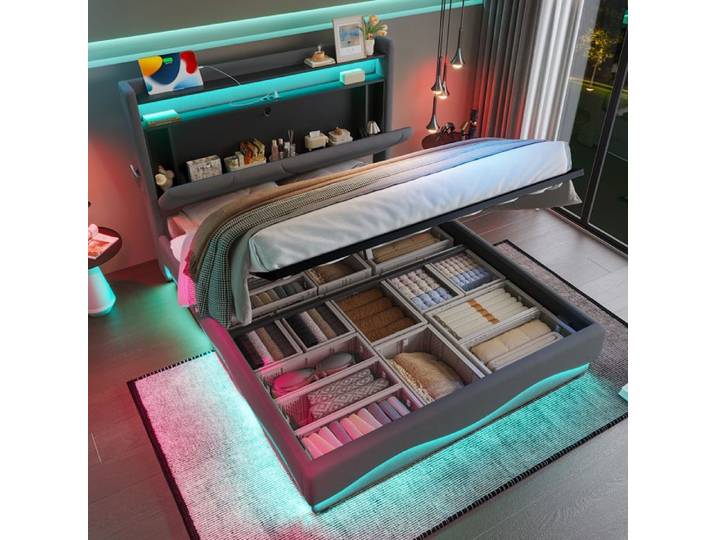 Lit rembourré - KOMHTOM - 140x200 - LED intégrée - Coffre relevable - Rangement tête de lit