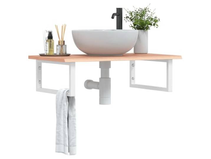 KTHLBRH Waschtischplatte mit Stahlhalterung Massivholz Eiche Schweberegal Naturprodukt Holz, Aststellen schwarz gefüllt, Schrauben separat erwerben, flexible Waschbeckenposition