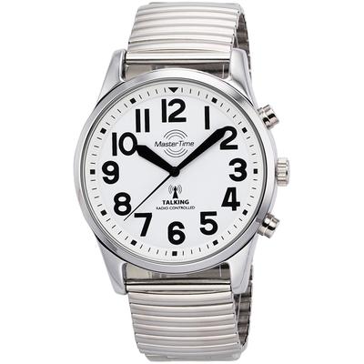 Funkuhr MASTER TIME "Sprechende Funkuhr", silber (silberfarben, weiß), Armbanduhren, Herren, Funkuhr, Armbanduhr, Quarzuhr, Herrenuhr, Flexband, Zugband