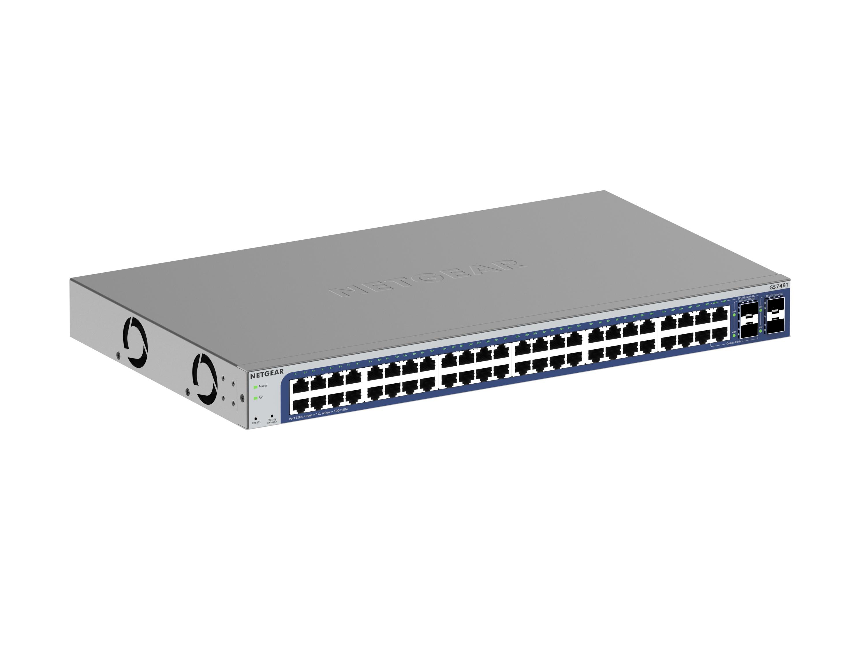 NETGEAR 48-Port Gigabit Ethernet Smart Switch (GS748T): Managed, optional mit 1 Jahr Insight Cloud Management, mit 2 1G SFP und 2 1G Combo, Desktop- oder Rack-Befestigung