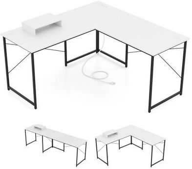 Costway L-Shaped Computer Desk with Power Outlets and Monitor Shelf-White