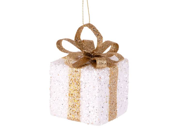Weihnachtliche Hängedeko Geschenk, weiß und goldfarben mit Glitzer
