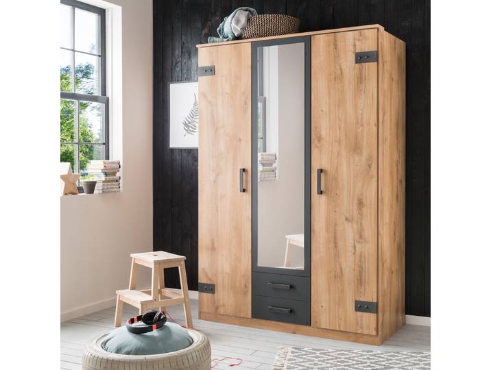 Kleiderschrank WIMEX Cork, mit oder ohne Spiegel, rustikaler Look im Industrial Design , grau (plankeneichefarben, graphit), B:135cm H:199cm T:58cm, Schränke, Kleiderschrank, wahlweise in 135cm oder 180cm breit, 58cm tief, 199cm hoch