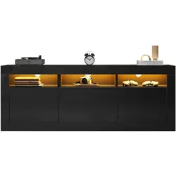 Hochglanz-TV-Schrank 160x35x60, für 70 Zoll Fernseher, LED-Beleuchtung, Push-to-Open Schubladen, Stauraum, App-Steuerung, Schwarz