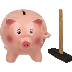 Out-of-the-Blue Sparschwein Schwein mit Hammer, rosa, ohne Entnahmeöffnung, aus Keramik, 12,5 cm