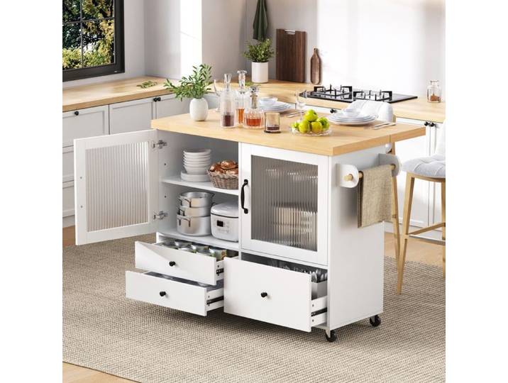 Îlot de Cuisine Mobile Blanc avec Table Extensible et Rangement