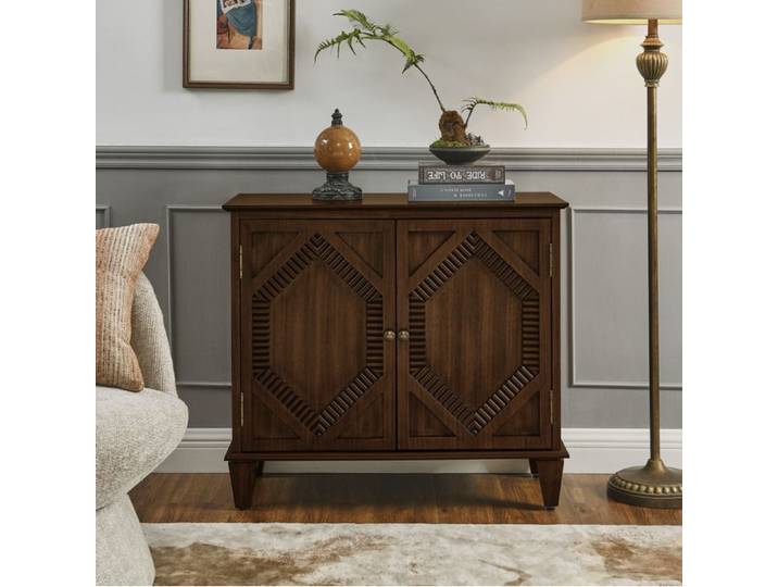 WOVREO Buffet bas rétro en bois et MDF 2 compartiments étagère réglable coloris noyer