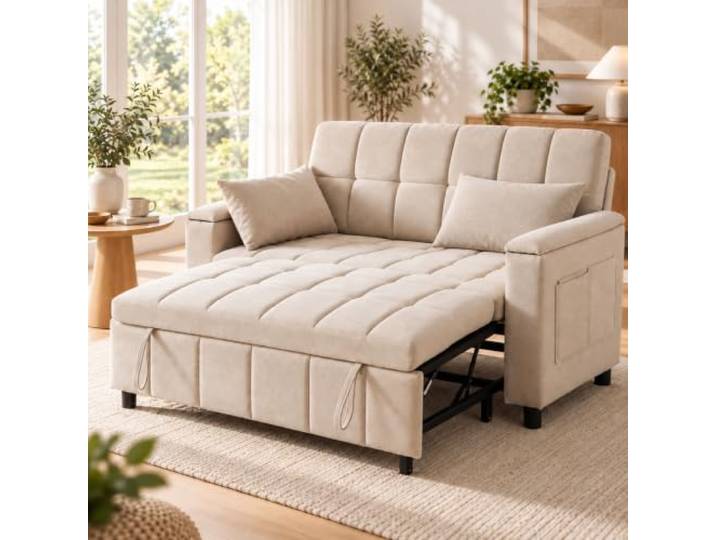 Anwick Schlafsofa 2 Sitzer mit Schlaffunktion, ausziehbar, Chenille, Beige Ausziehbare Liegefläche, Metallrahmen, Seitentaschen, 2 Kissen, 150 kg pro Sitz für Wohnzimmer & Gästezimmer