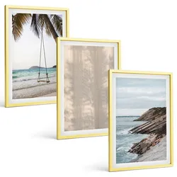 BILDER SET 3er Set - 40x60 cm Goldrahmen - Sommerlicher Sandstrand mit Meerblick