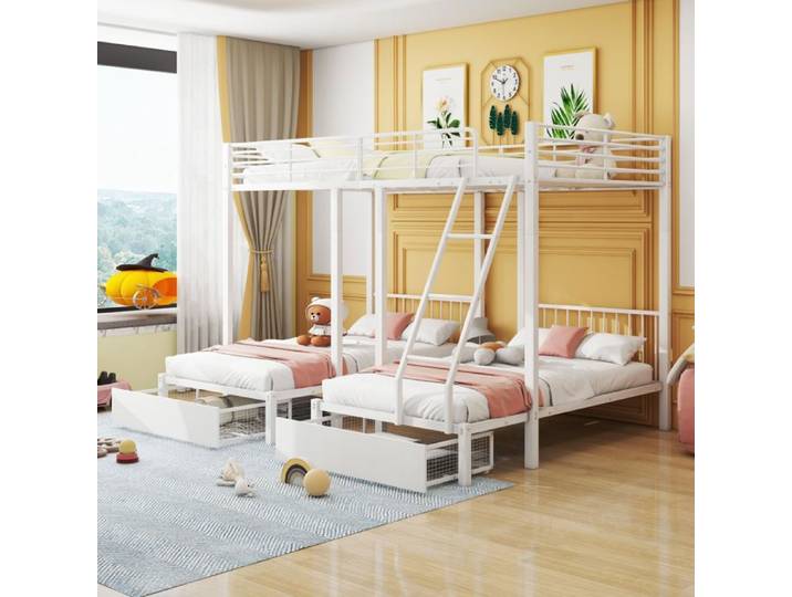 Lit superposé triple - OKWISH - Métal - Avec tiroirs - Transformable - Blanc