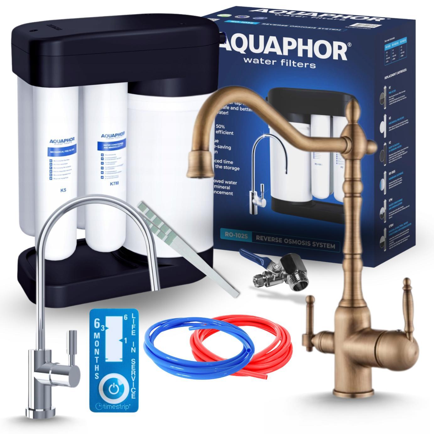 Aquaphor Morion Ro100S Umkehrosmoseanlage Mit Ari Retro 2 3-Wege-Küchenarmatur Antik Messing, 5 L Tank, 375 L/Tag Trinkwasserfilter