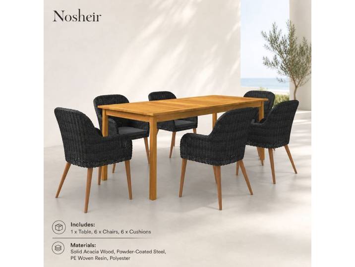 Ensemble repas jardin – Nosheir – Table acacia 200x100cm + 6 chaises rotin noir – Pour terrasse extérieur