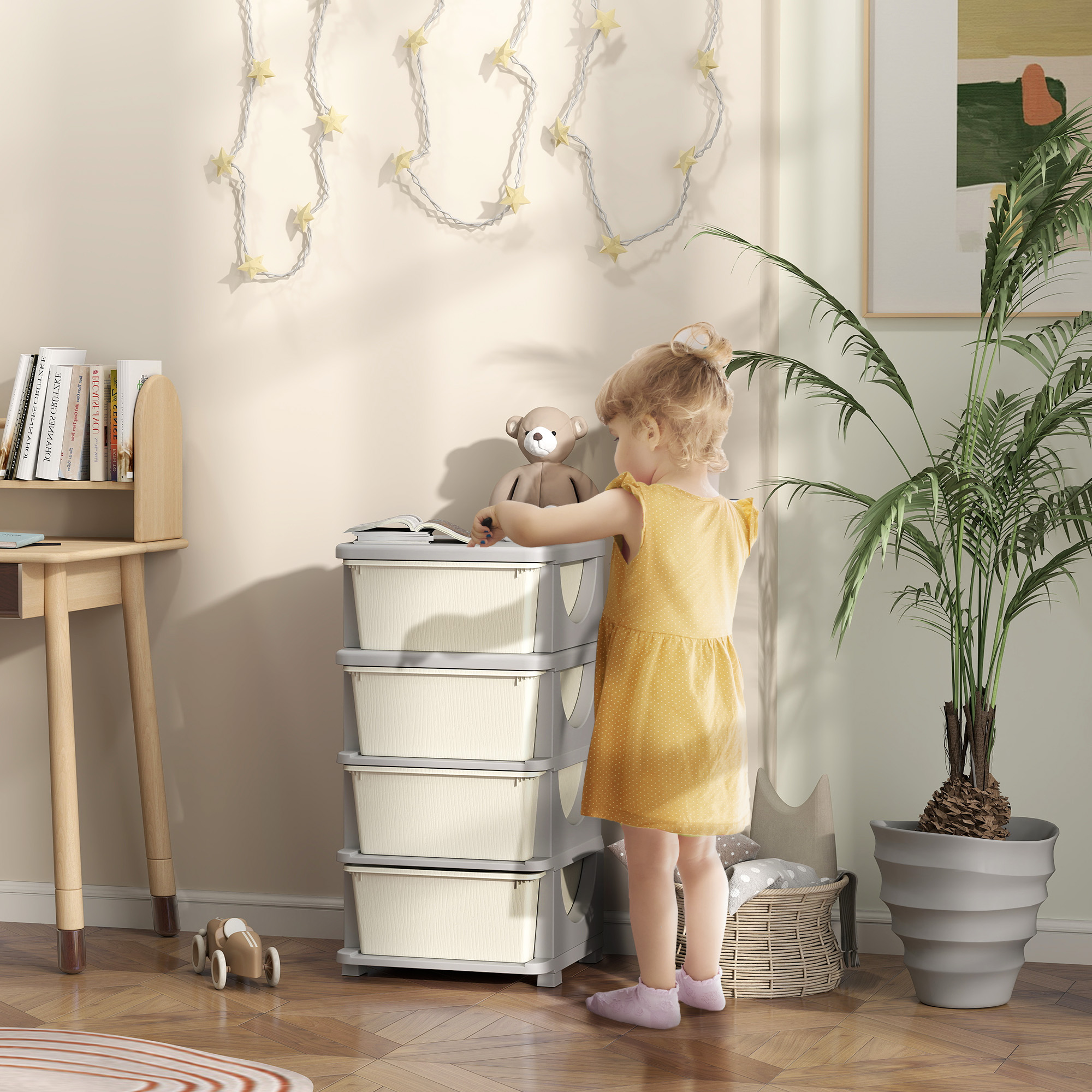 Homcom Cassettiera in Plastica Colorata per Cameretta con 4 Cassetti, 37x37x76 cm, Crema   Aosom Italy
