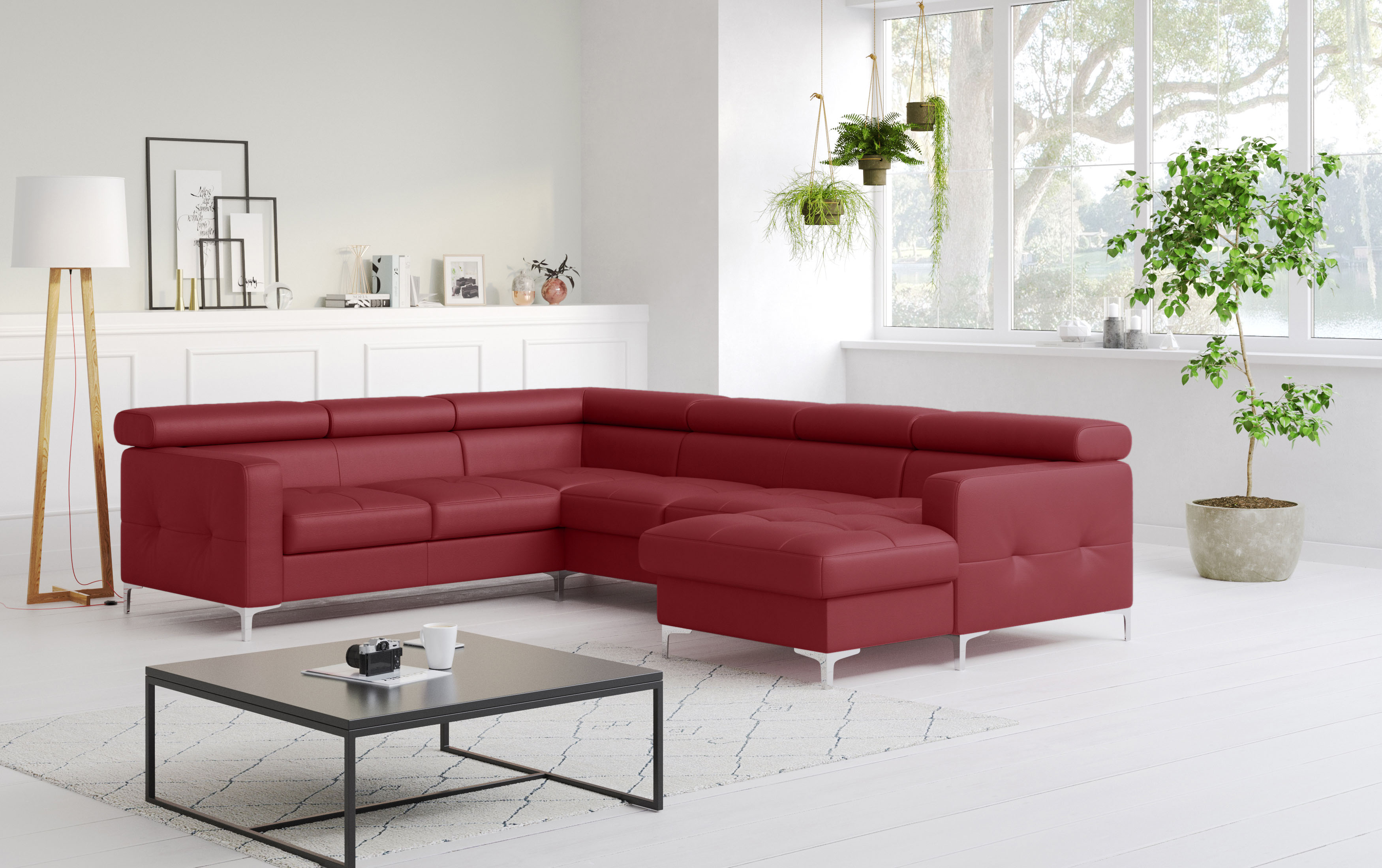 Wohnlandschaft COTTA "Sammy U-Form, B: 304 cm", rot, B:304cm H:74cm T:240cm, NaturLEDER, die Rückseite ist mit schwarzem und die Liegefläche der Bettfunktion ist mit beigem Spannstoff bezogen, Sofas, Wohnlandschaft, Kopfteilverstellung, optional Schlaffun