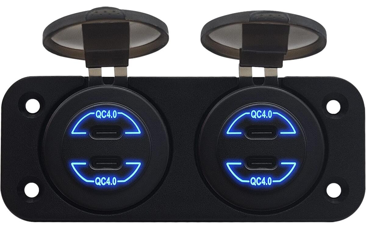ProRide USB-C-autolader met 4 poorten, QC4.0, 60W, Inbouw, 12V, Blauw