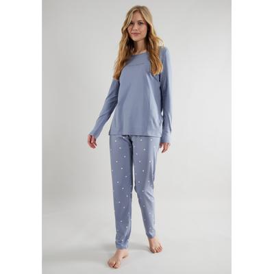 Schlafanzug TOM TAILOR "Charlotte", Damen, Gr. 46 (XXXL), blau (blau, mittel, punkte), Obermaterial: 100% Baumwolle, gepunktet, bequem normal, Rundhals, gerader Abschluss, Homewear-Sets Schlafanzug, Langarm, Rundhalsausschnitt, gepunktet, basic,...