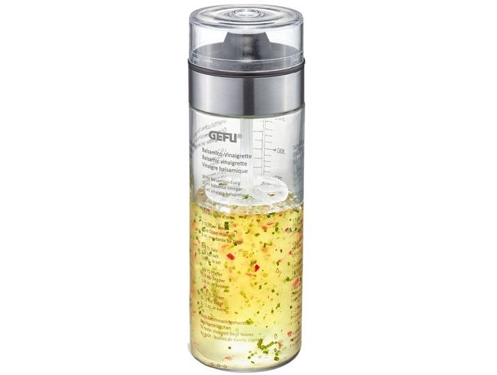Gefu Salatdressingbehälter Transparent/Silber D 6.7 H 20.4 cm - Farbe: Transparent, Silber - Material: Glas, Kunststoff, Silikon, hochwertiger