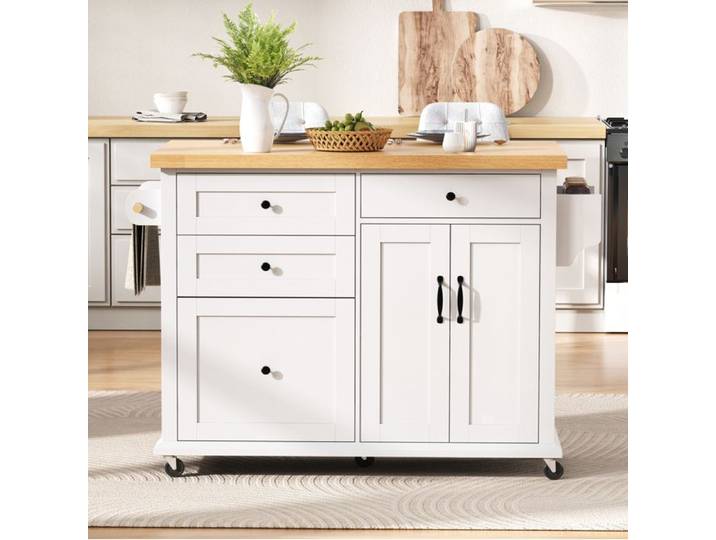Îlot central de cuisine mobile – MDF – blanc et bois naturel – plan de travail extensible