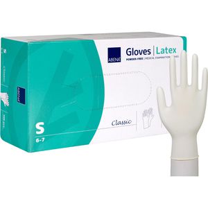 Abena Einmalhandschuhe Classic, natur, 100 Stück, Latex, chemikalienbeständig, lebensmittelecht, Größe S