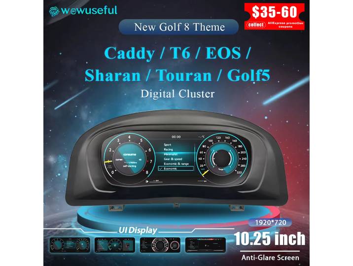 Wowuseful 10.25 Lcd tableau de bord numérique Cluster pour VW variante Caddy Touran T6 EOS Sharan Golf 5 Instrument virtuel Paneel Cockpit