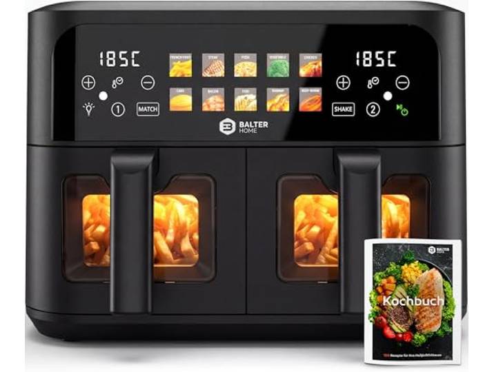Balter Heißluftfritteuse 2 Kammern mit Sichtfenster 9L (2x4,5L) - 2400W Airfryer XXL Doppelkammer, 10 Programme, Dual Zone & Sync Finish, ohne Öl, Touchscreen, inkl Rezeptheft, HL-901