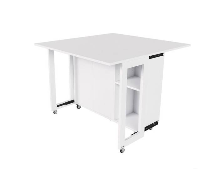 Îlot central pliant mobile blanc avec roulettes verrouillables rangement double porte MDF