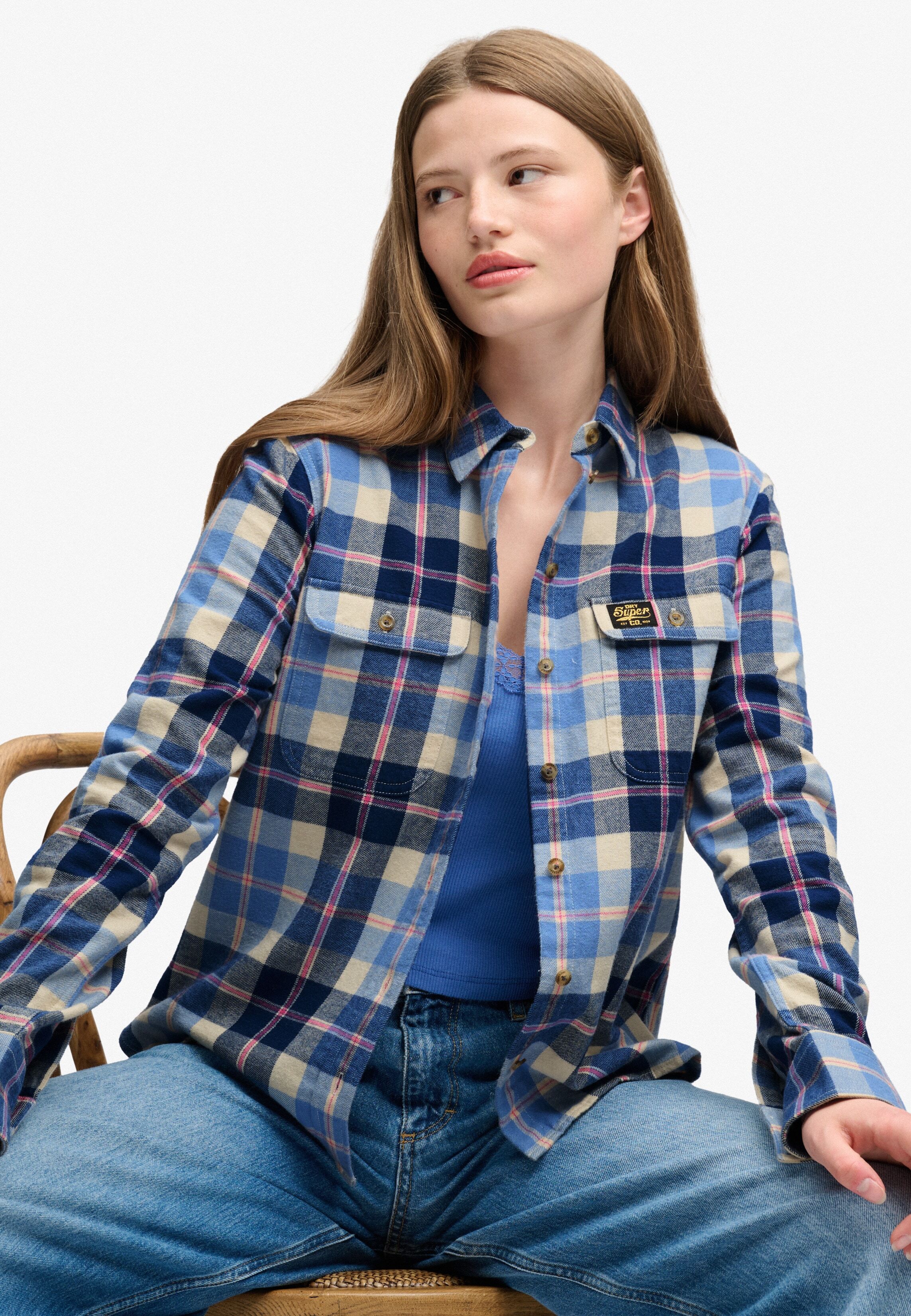 Karobluse SUPERDRY "LUMBERJACK CHECK FLANNEL SHIRT", Damen, Gr. M, blau (classic blau check), Web, Obermaterial: 100% Baumwolle, kariert, regular fit normal, ohne Ausschnitt, 1-Knopf-Manschette, Blusen Karobluse, Baumwolle, regular fit classic blau check 