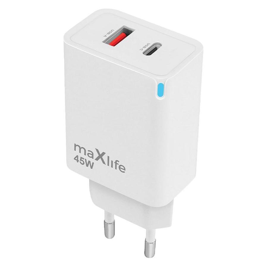 Maxlife MXTC-09-45AC GaN PD QC charger 1x USB-C 1x USB 45W white (45 W, 2 Ports) (64629936)