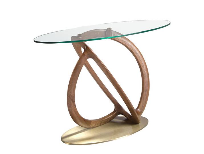 Angel Cerda Ovale Konsole 125 cm, gehärtetes Glas, Walnussholz und Gold, Braun, Holzwerkstoff, Echtholz,Nussbaum, Mode, organische Form,Oval,Oval, Stativgestell, 125x80x45 cm, Wohnzimmer, Wohnzimmertische, Konsolentische