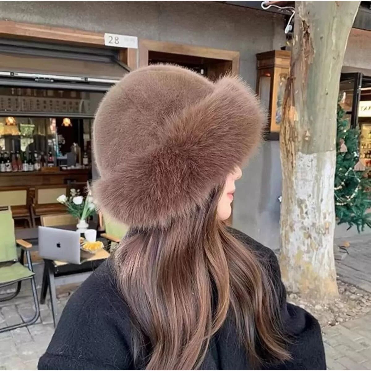 INF Weicher Kunstfell-Bucket Hat - Warmer mongolischer Winterhut mit Ohrenschutz Kaffee