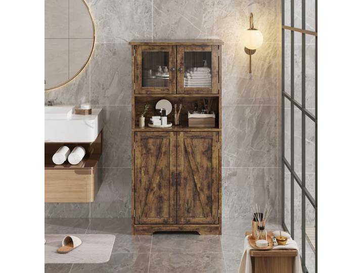 Colonne de Salle de Bain - PROMIRACAL - Armoire Haute 4 Portes - Bois Massif - 60x30x130 cm - Marron