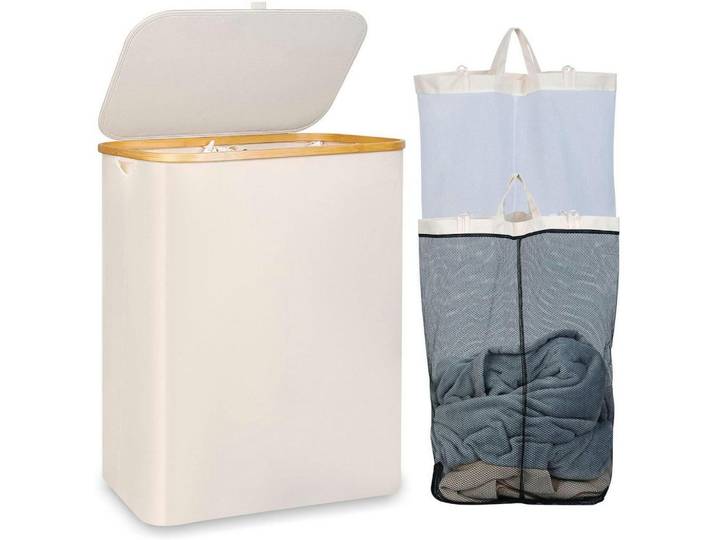 Wäschekorb 150L 2 Fächer mit Deckel und Bambusgriff Beige, 37x70x53 cm, Haushalt & Reinigung, Wäschepflege, Wäschekörbe & Wäschetonnen