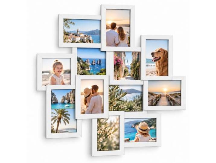 Relaxdays Cadre photo pêle-mêle mural\, blanc 12 photos 10 x 15 cm\, déjà monté\, H x L : 64\,5 x 62 cm\, MDF