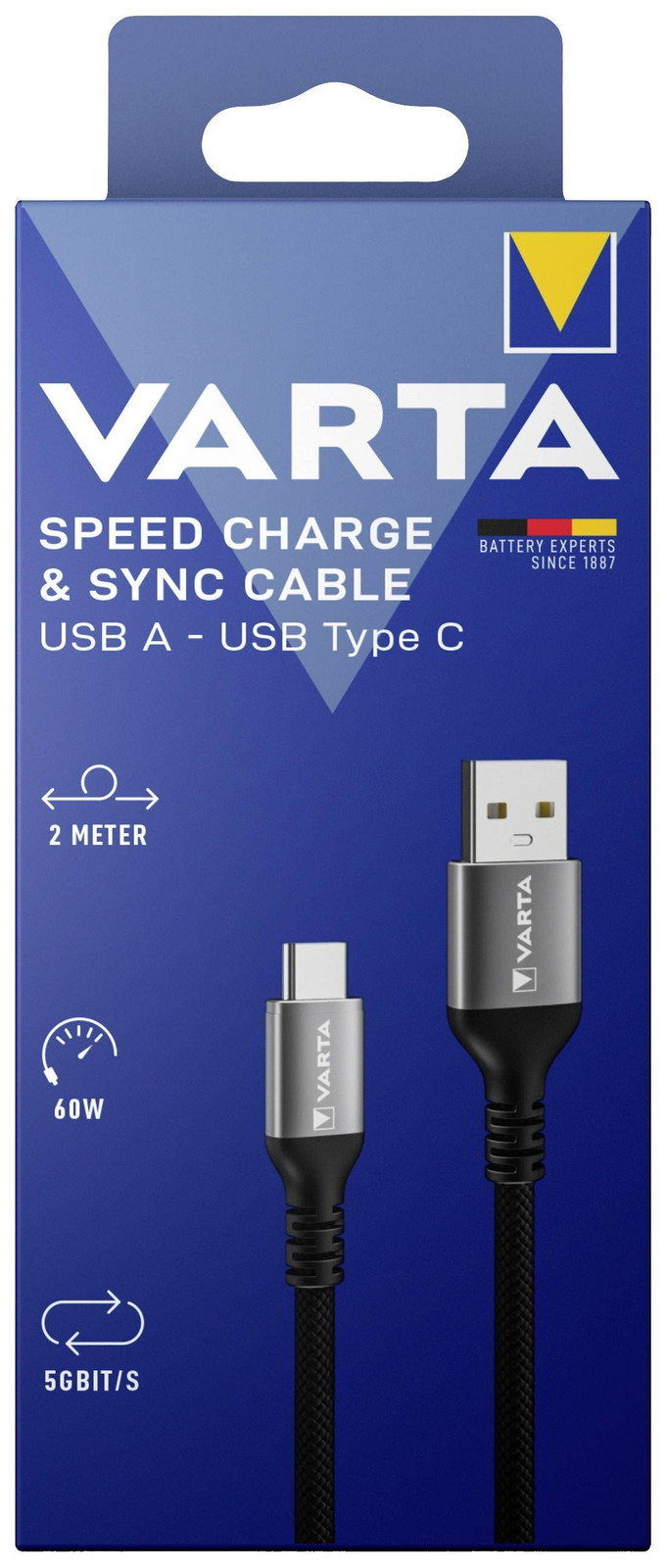 Varta 57935 101 111 Sneloplaad- en synchronisatiekabel, USB-A naar USB-C, 2 meter, zwart