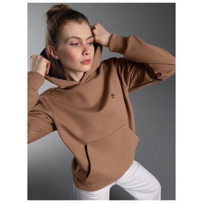 Sweatshirt TRIGEMA "TRIGEMA Hoodie mit Affe Charly-Stickmotiv", Damen, Gr. L, braun (haselnuss), Sweatware, 70% Baumwolle, 30% Polyester, Basic, ohne Ausschnitt, Sweatshirts Sweatshirt