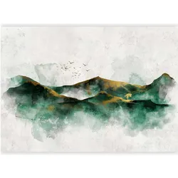 Artgeist, Tapete, Fototapete - Abstract landscape - green mountains with golden patterns and birds (300 x 210 cm)