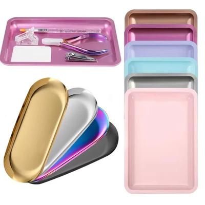 Stainless Steel Cosmetic Storage Tray Manicure Nail Art Plate Tools Organizer blue