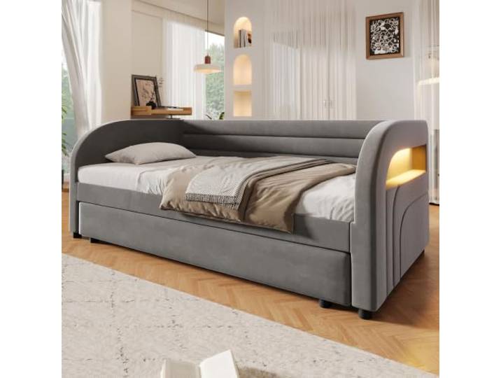 BXEYXE 90x200 gepolstertes Plattformbett mit Praktisches Ausziehbett & LED-Beleuchtung,Grau