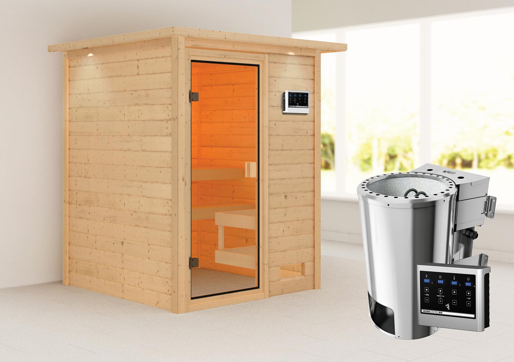 KARIBUHOLZT Sauna Sandra Front, 3,6 kW Bio extern, m.Dachkranz 16880435