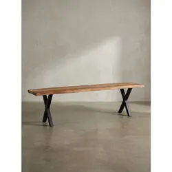 Esszimmerbank Massivholz Metall Baumkante X-Beine, Akazie 140x40x46 cm