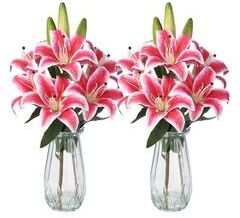 Garvee Faux Lily Flowers with Vase, 6 Heads Full Bloom Lily & 3 Buds, Long Stem Artificial Stargazer Lilies