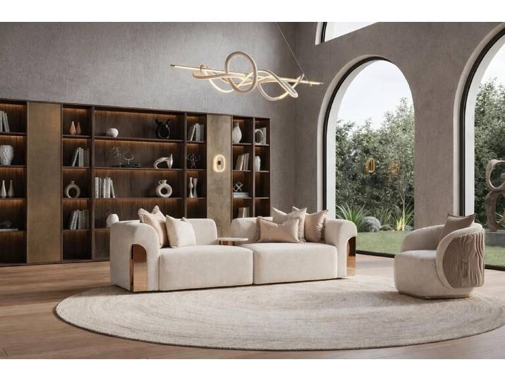 Xlmoebel Polstergarnitur Beiges Designer 3-Sitzer Sofa mit rundem Lounge Sessel, (2-tlg), Made in Europa
