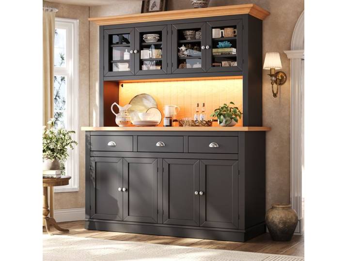 Buffet haute de cuisine 140x40x180cm Armoire de cuisine Meuble de rangement avec LED plan de travail 3 tiroirs 8 portes noir