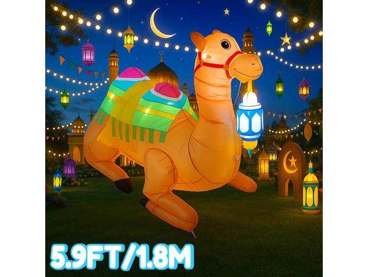 Jouet de chameau gonflable de 5,9 pieds/1,8 M, décor de bricolage, Festivals musulmans du Ramadan Eid, ornement de cour extérieure avec lumière LED, cadeau de vacances parfait
