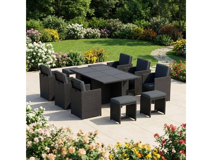 Salon de jardin encastrable 10 places en résine tressée – Table + fauteuils + tabourets – Ensemble repas extérieur moderne gris